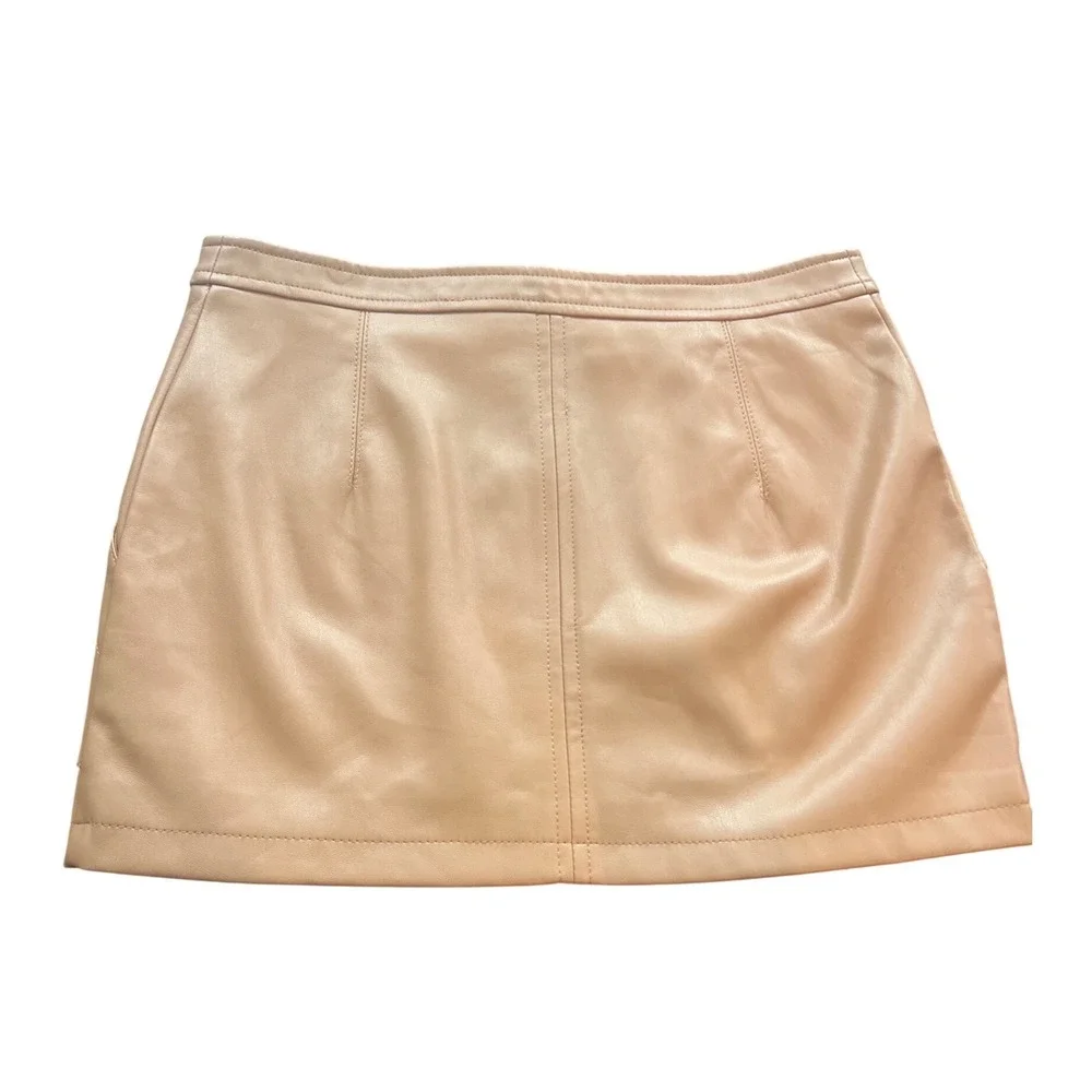 Free People Maya Faux Leather Mini‎ Skirt Tan Camel Front Zip Pockets Size 4